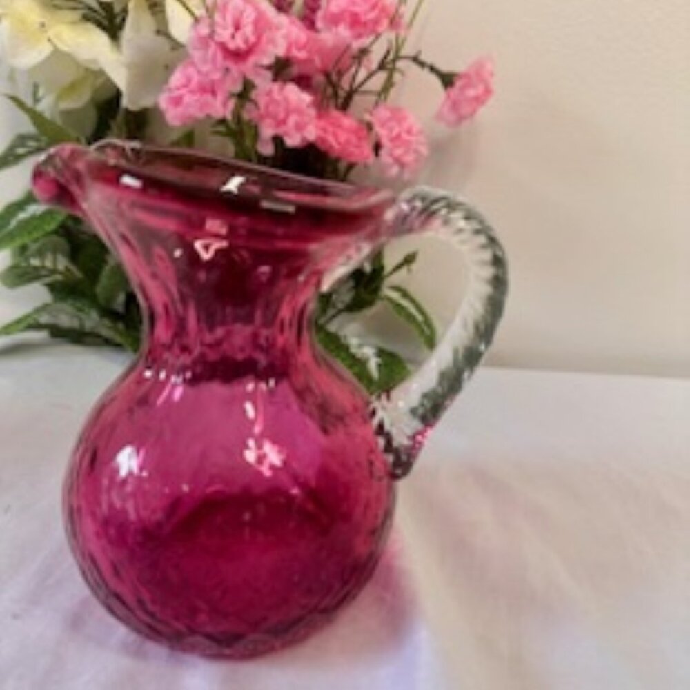 Vintage Cranberry Glass Pitcher Twisted‎ Clear Handle Swirled Diamond Pattern